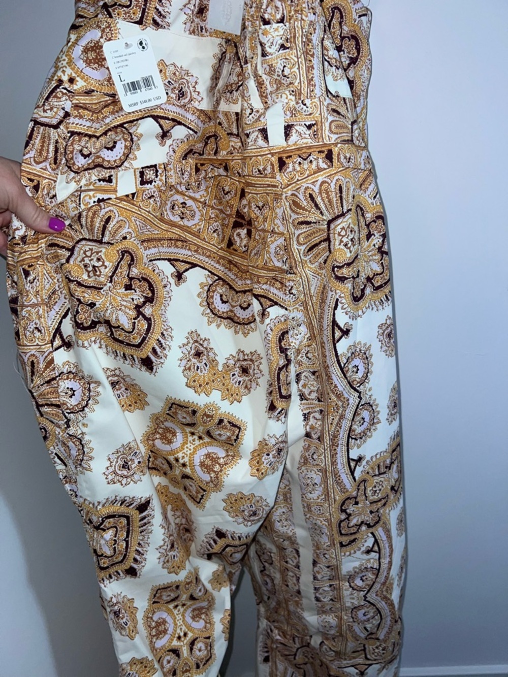 FP Movement by Free People Cream & Gold Paisley Zip-Front ski snow Overalls L - Picture 12 of 13